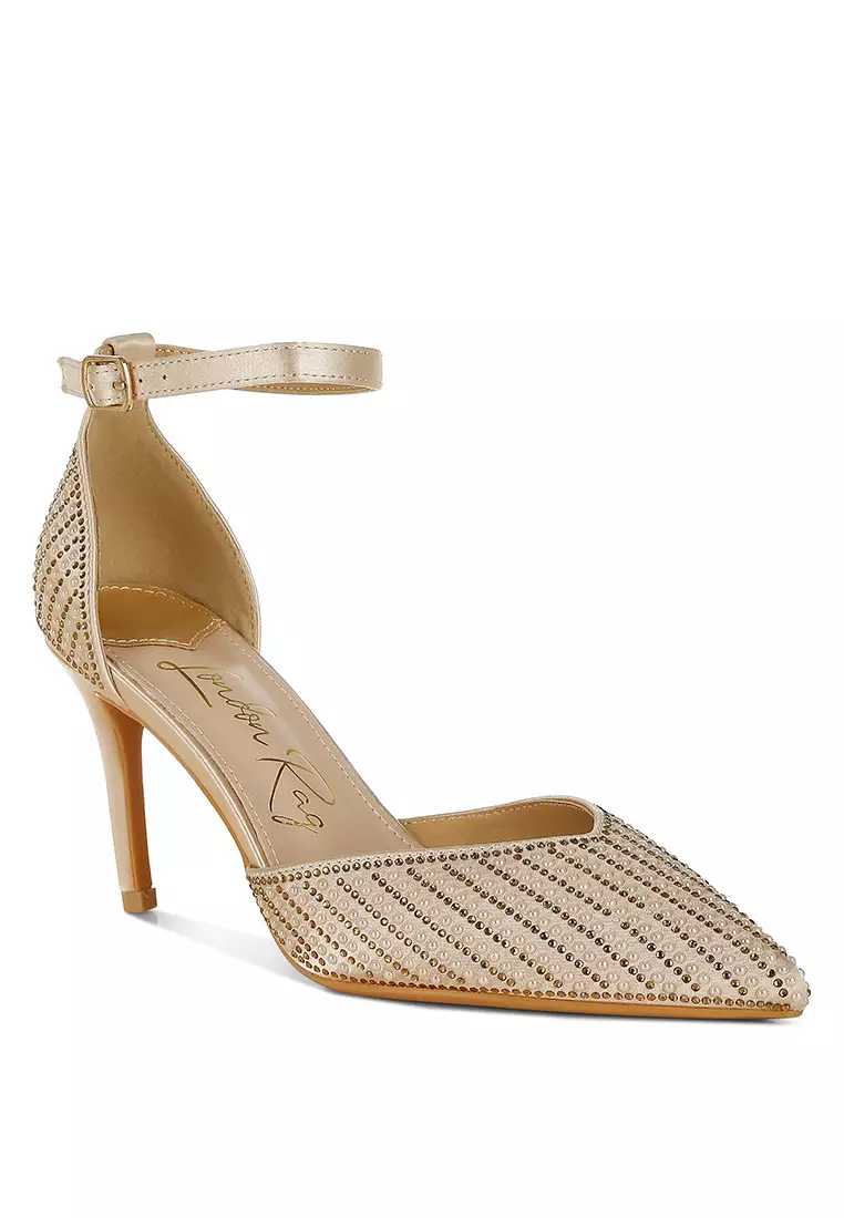 Pearls & Sequins Embellished Stiletto Sandals in Gold