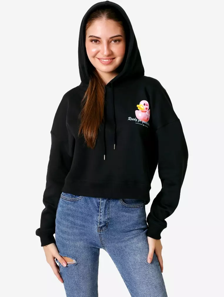 TONIQUE Crop Hoodie Katun Wanita Hitam Pekat DAISY Women's Cotton Regular Fit Crop Hoodie Black