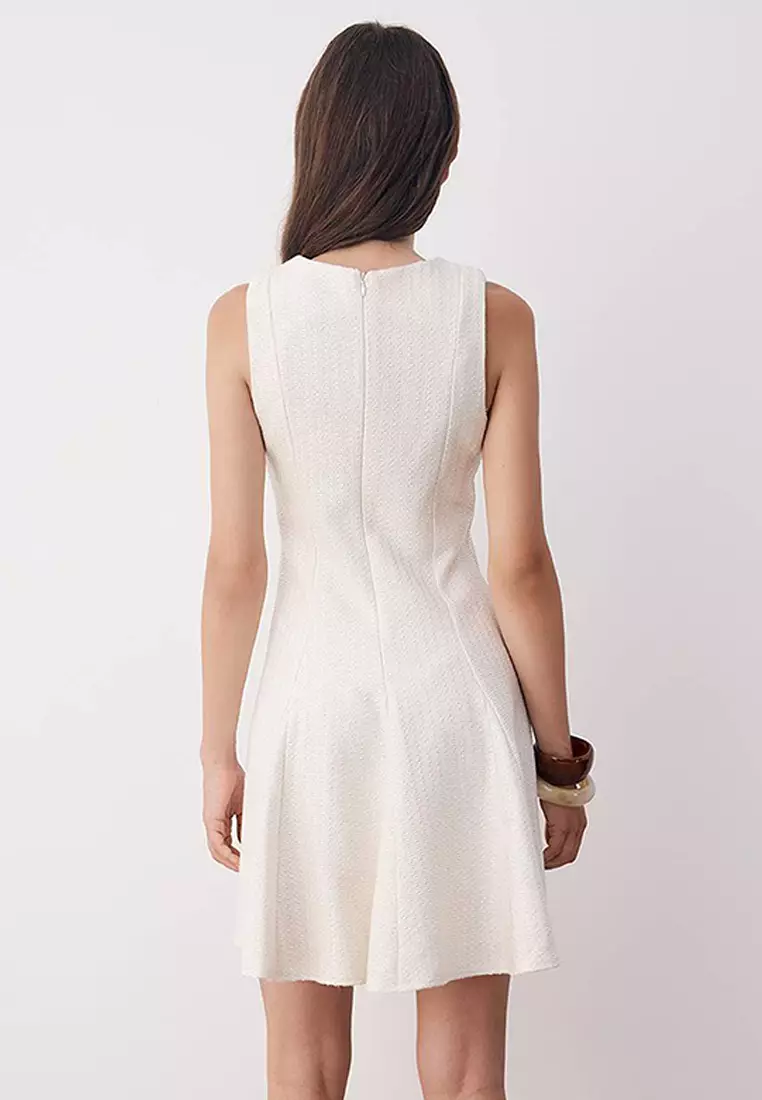 Beige Crew Neck Premium Tweed Fabric Godeli Mini Woven Dress