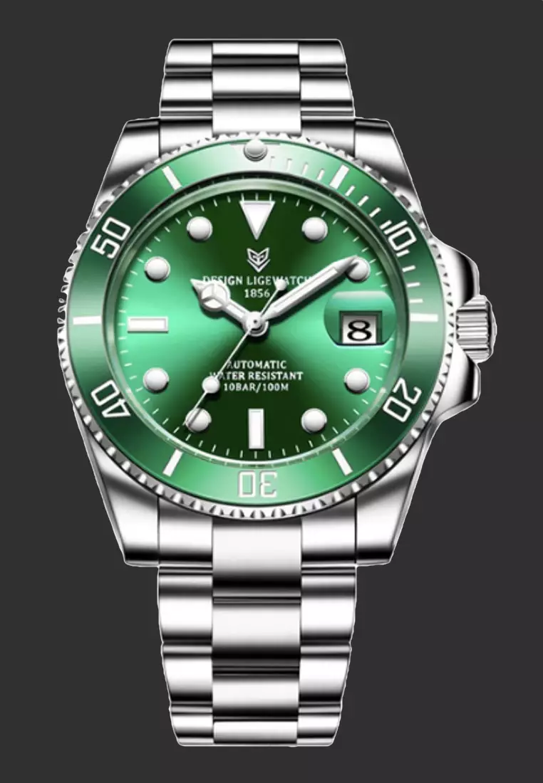 AUTOMATIC Unisex Diver's Stainless Steel Self-winding Watch, Green turning bezel, Green dial, Steel Bracelet