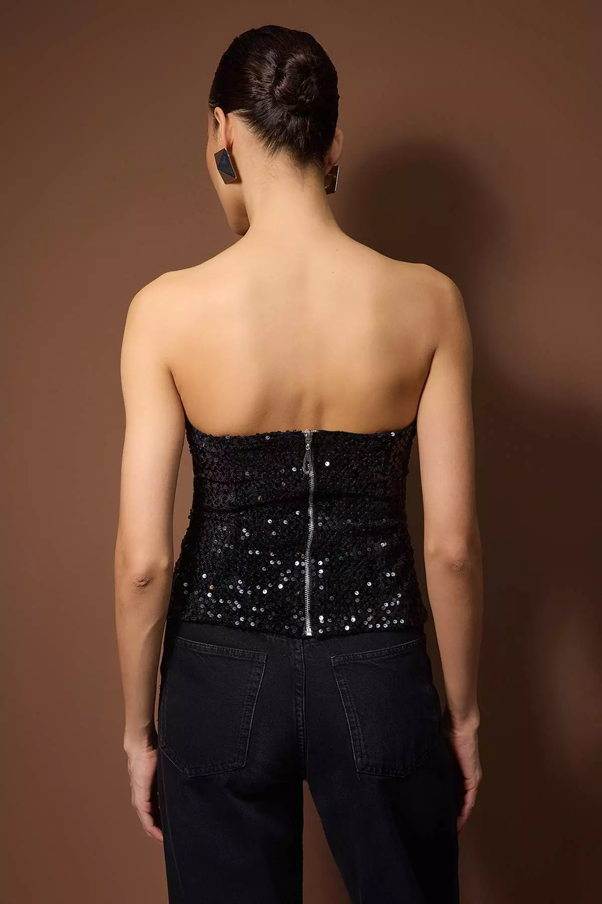 Black Strapless Sequined Bodycon Party Blouse Tpraw26Bz59
