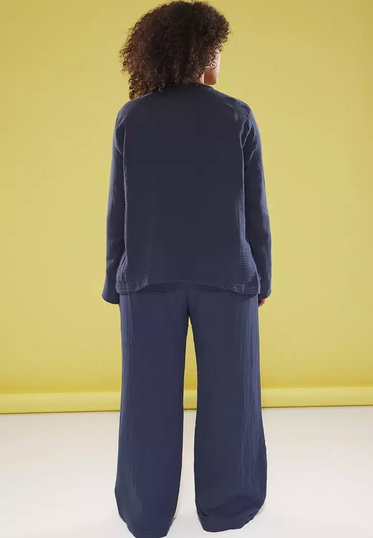 Navy Blue Bowknot Muslin 100% Cotton Woven Plus Size Top-Bottom Set Tbbss25Cp00009