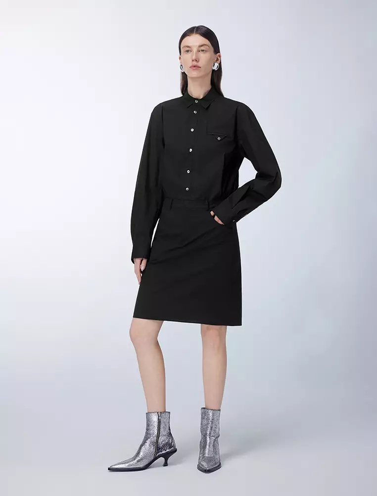 纯色衬衫领长袖连衣裙