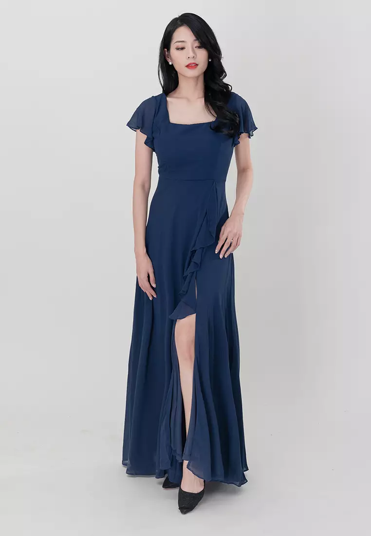 方领雪纺长裙开衩连衣裙