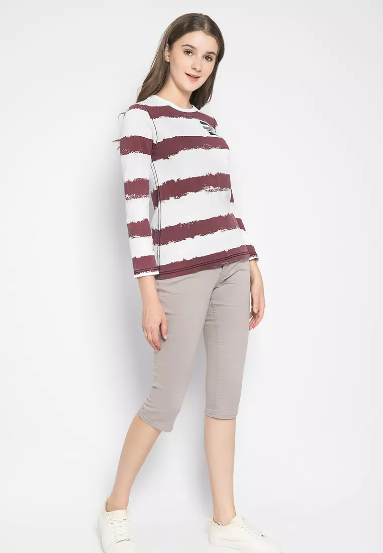 LGS - Kaos Casual Wanita - Lengan Panjang - Motif Salur - Abu-Abu/Maroon - LTS.555.K951.019.C-L/S