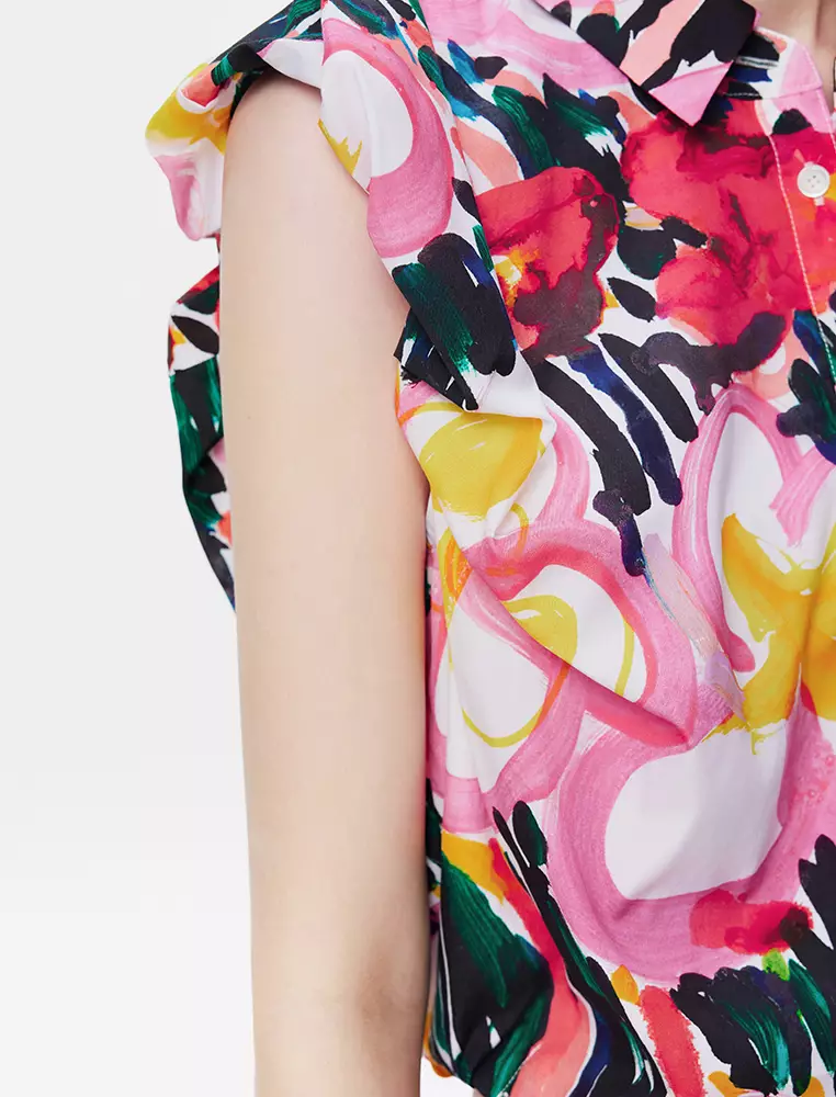 Pleated Printed Sleeveless Shirt