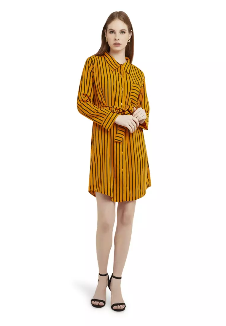 Mini Dress Salur Lengan Panjang Self Tie Belt Wanita - Mustard