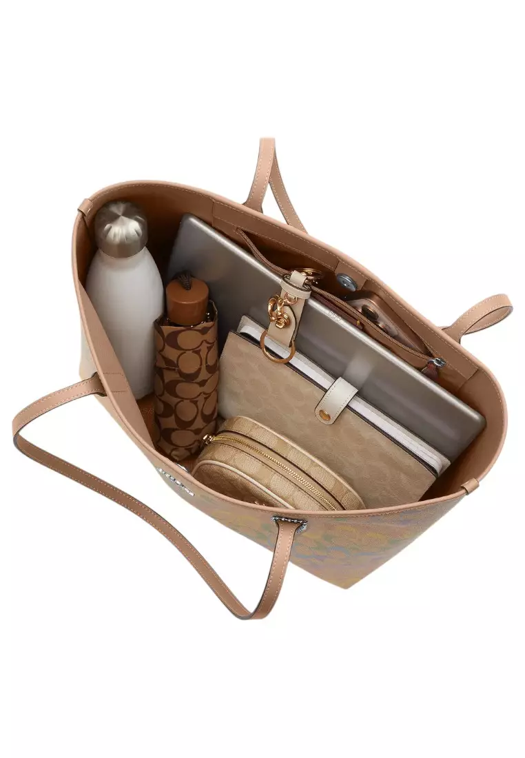 City Tote Bag In Rainbow Signature Canvas - Sand/Multi