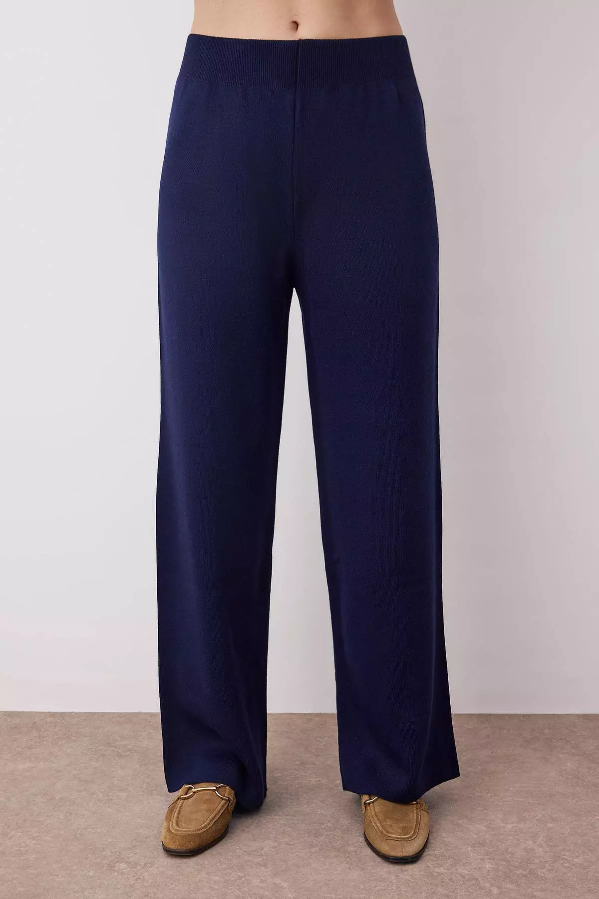 Navy Blue Accessory Detail 3-Piece Cardigan-Blouse-Trousers Knit Set