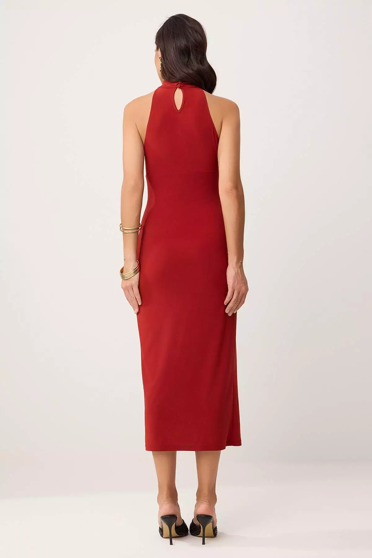 Tile Bodycon Halter Collar Sleeveless Accessory Detailed Midi Stretchy Knitted Dress Twoss26El267