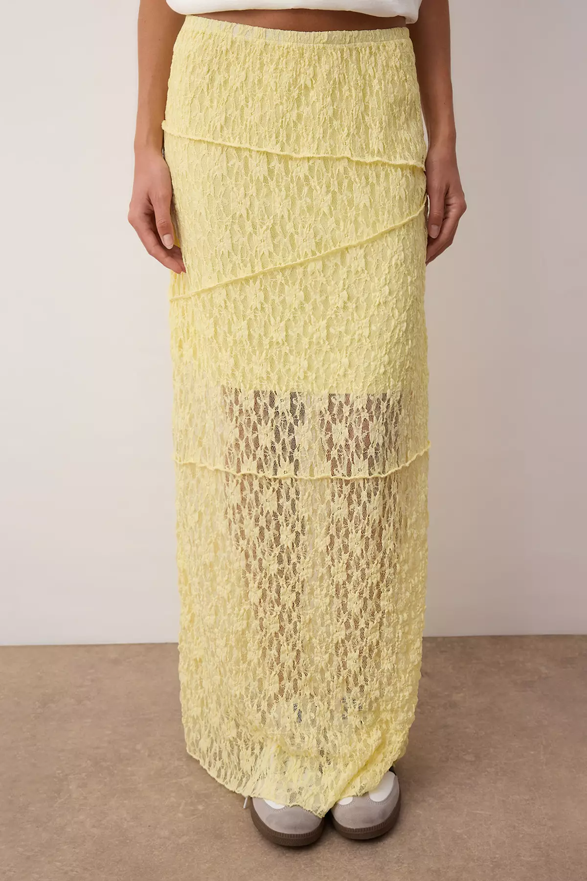 Yellow A Line Lace Lined Maxi Skirt