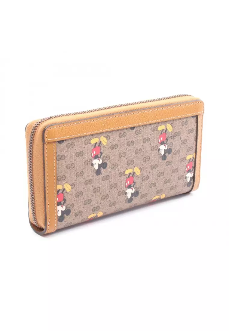 Pre-Loved Gucci GUCCI × Disney Mickey Mouse Mini GG Supreme round zipper long wallet PVC leather beige light brown multicolor