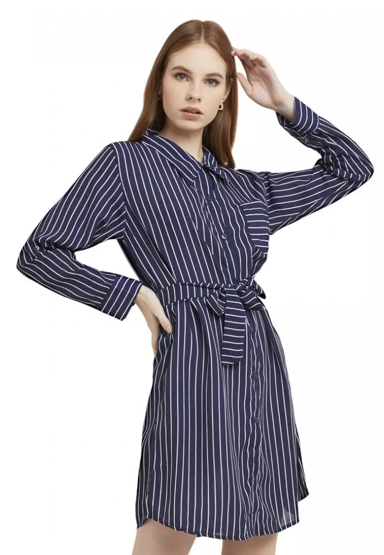 Mini Dress Salur Lengan Panjang Self Tie Belt Wanita - Navy