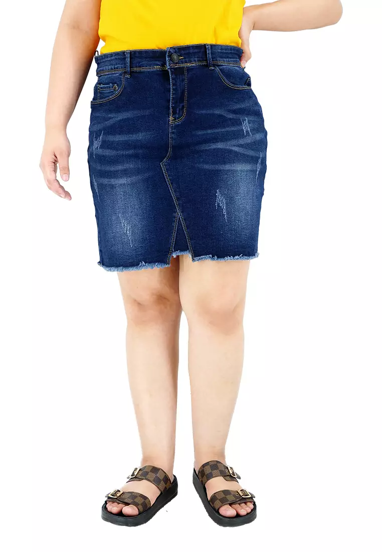 Knee length clearance distressed denim skirt