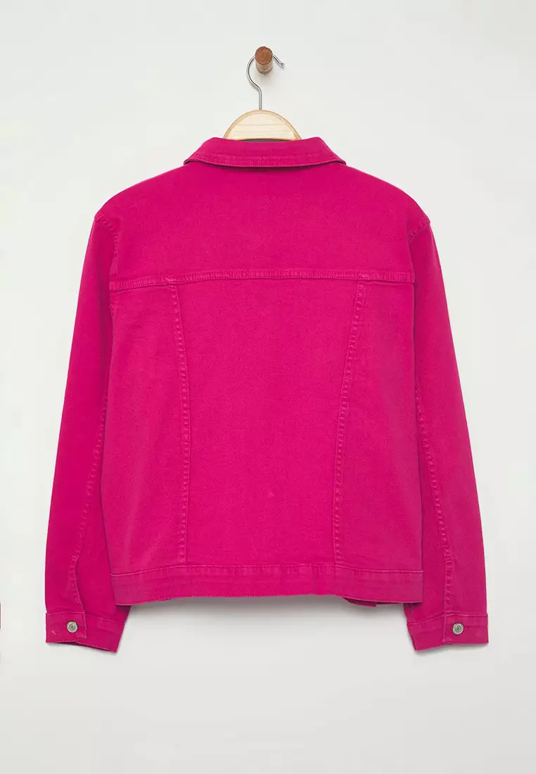 Fuchsia Stretch Crop Plus Size Denim Jacket TBBSS25AG00007