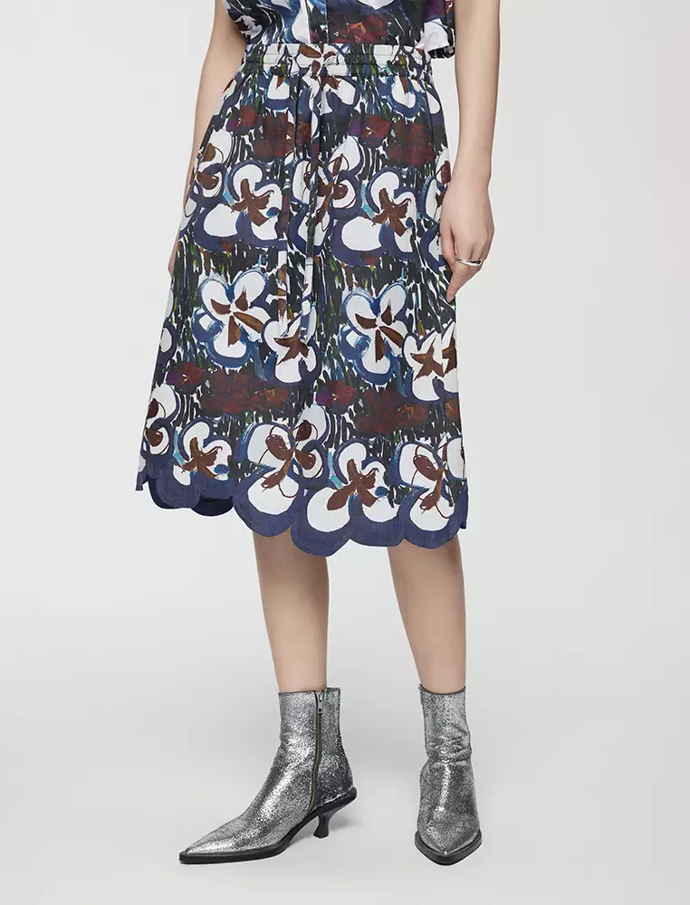 A-Line Printed Midi Waist Skirt