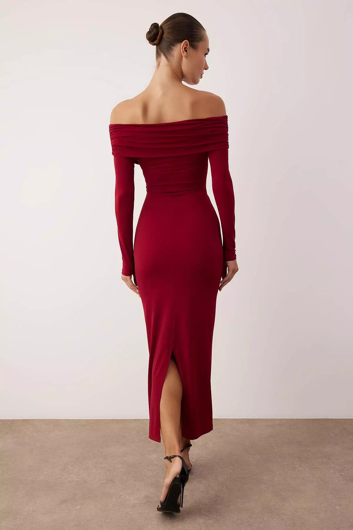 Burgundy Collar Detailed Knitted Midi Unlined Stylish/Evening Dress Tpraw26El38