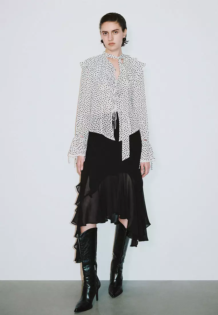 UR春季新款女装法式魅力复古波点印花开襟衬衫UWG250004