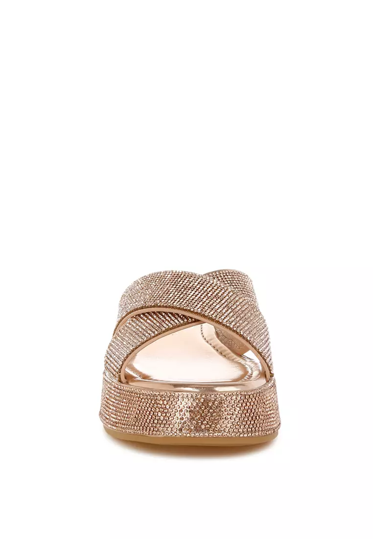 Rhinestone Embellished Flatforms In Rose Gold