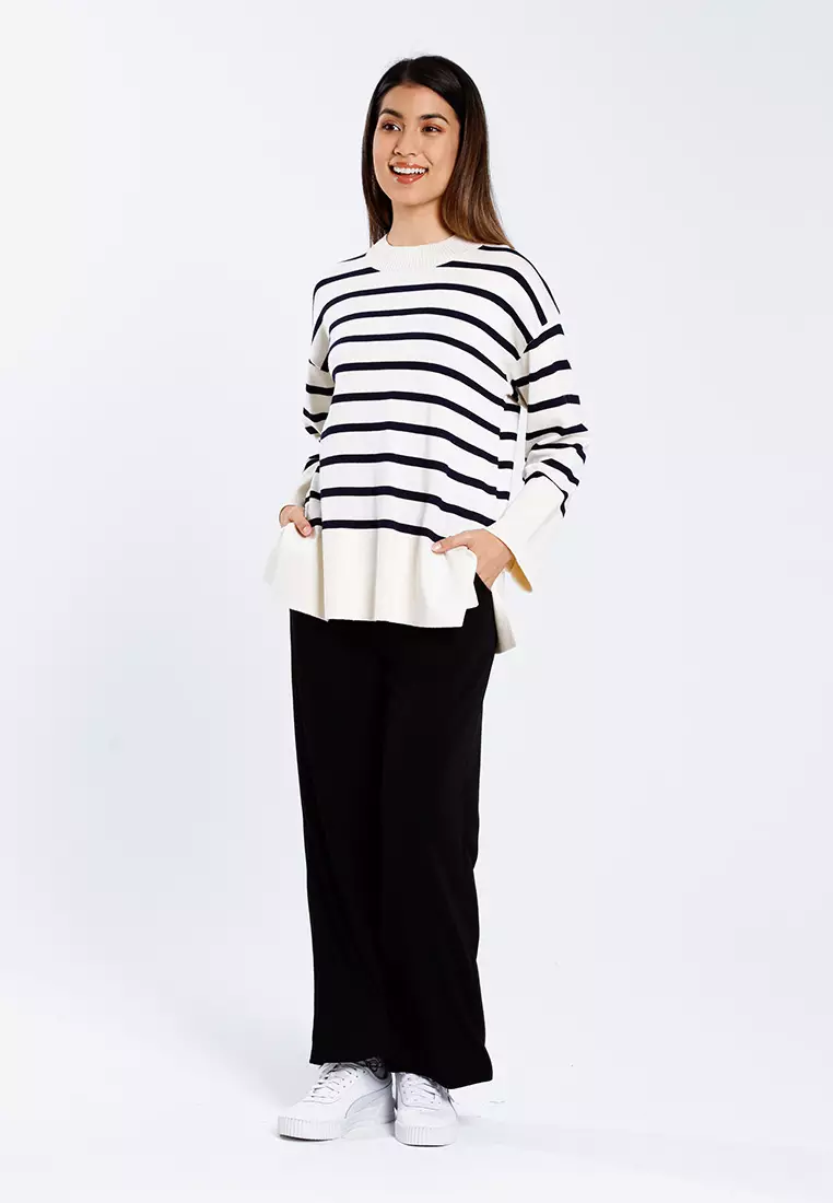 Forest Ladies Striped Knit Top Women Long Sleeve Knitted Sweater | Baju Perempuan Lengan Panjang - 822446-15Beige