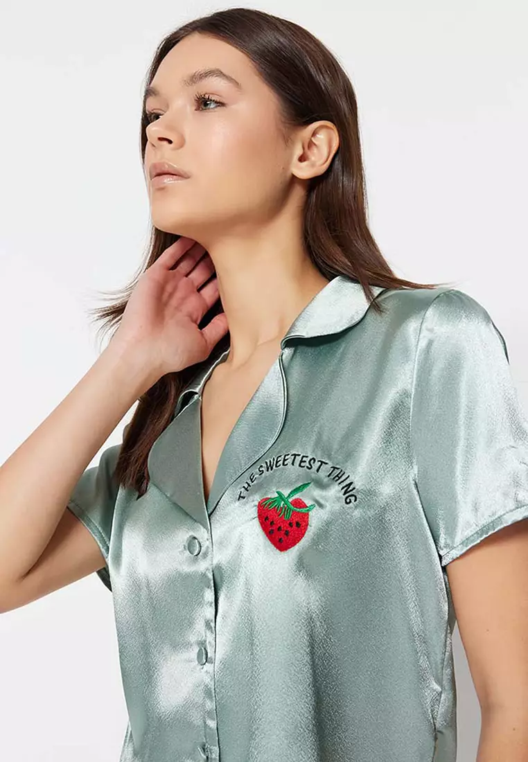 Embroidered Satin Pajamas Set