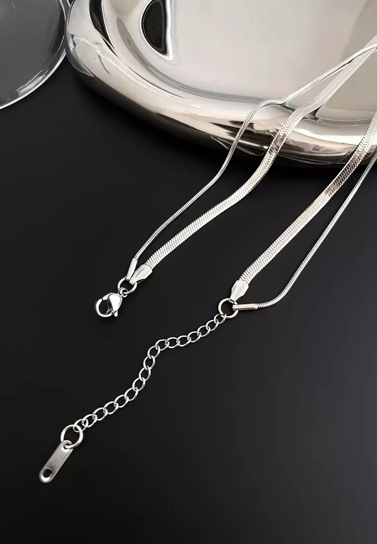 Kalung Pria Fashion Korea Double Kalung Titanium Anti-Menghitam Cowok Kotak Gratis silver