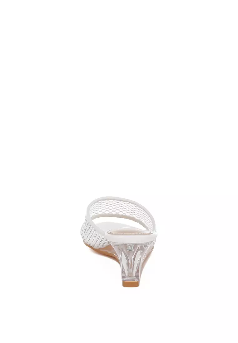 Mesh Clear Heel Wedge Sandals In White