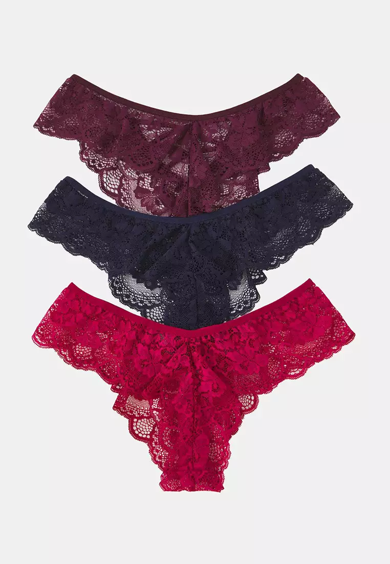 Purple-Multicolored 3-Pack Lace Brazilian Knit Panties