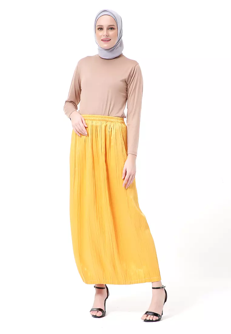 Angely Rok Plisket Rubbery Waist Fashion Wanita Simple - Gold