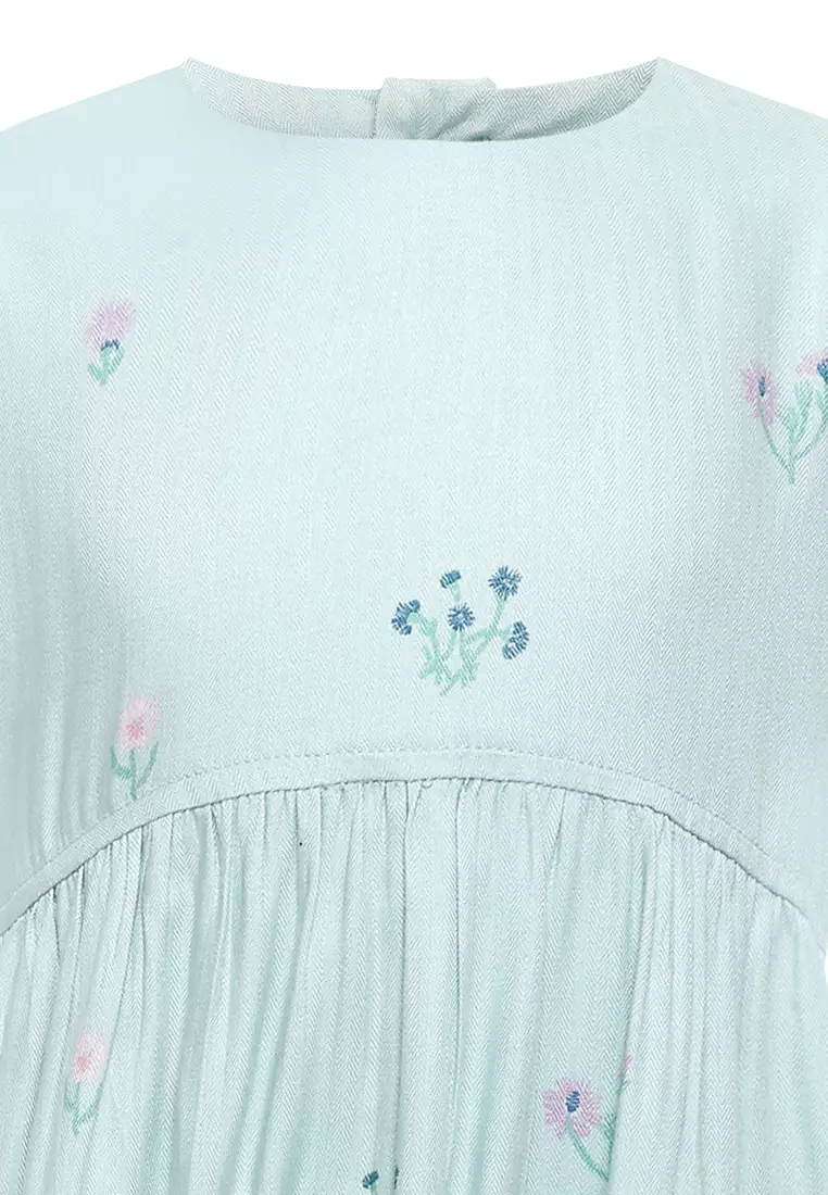 Qna Girl Amarachi Dress Midi Anak Hijau Tosca Motif Bunga