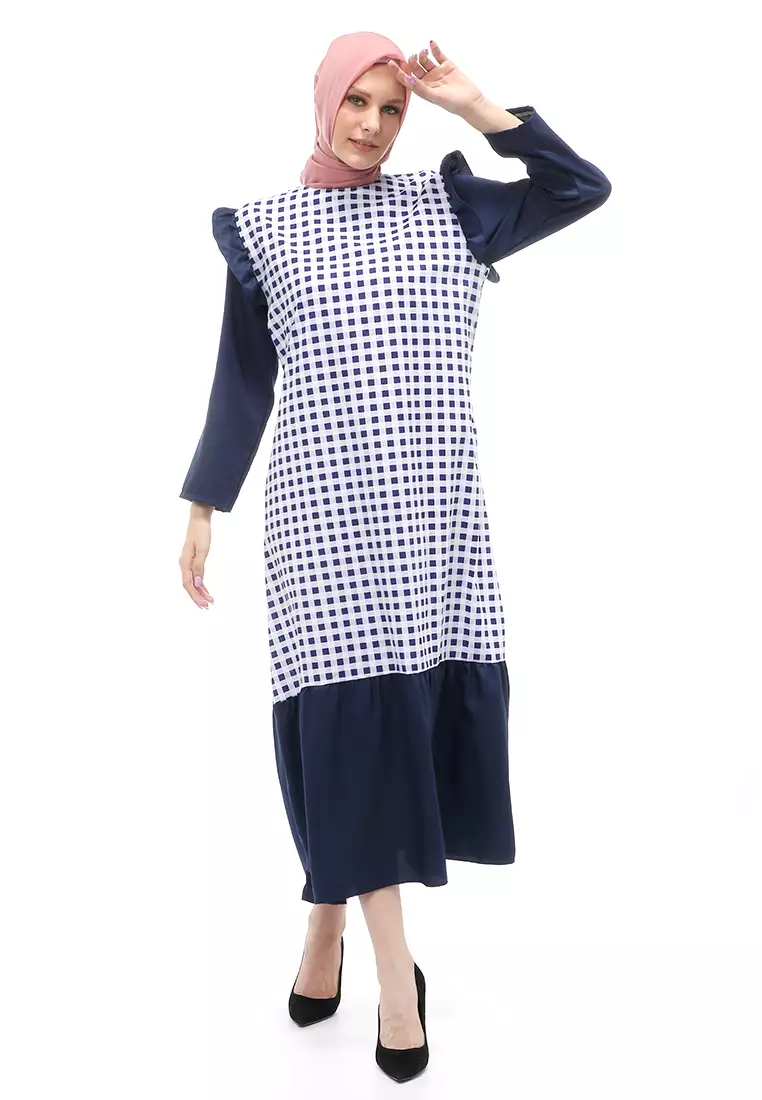 Ghina Gamis Tartan Muslimah Long Casual Wanita Regular Fit - Navy