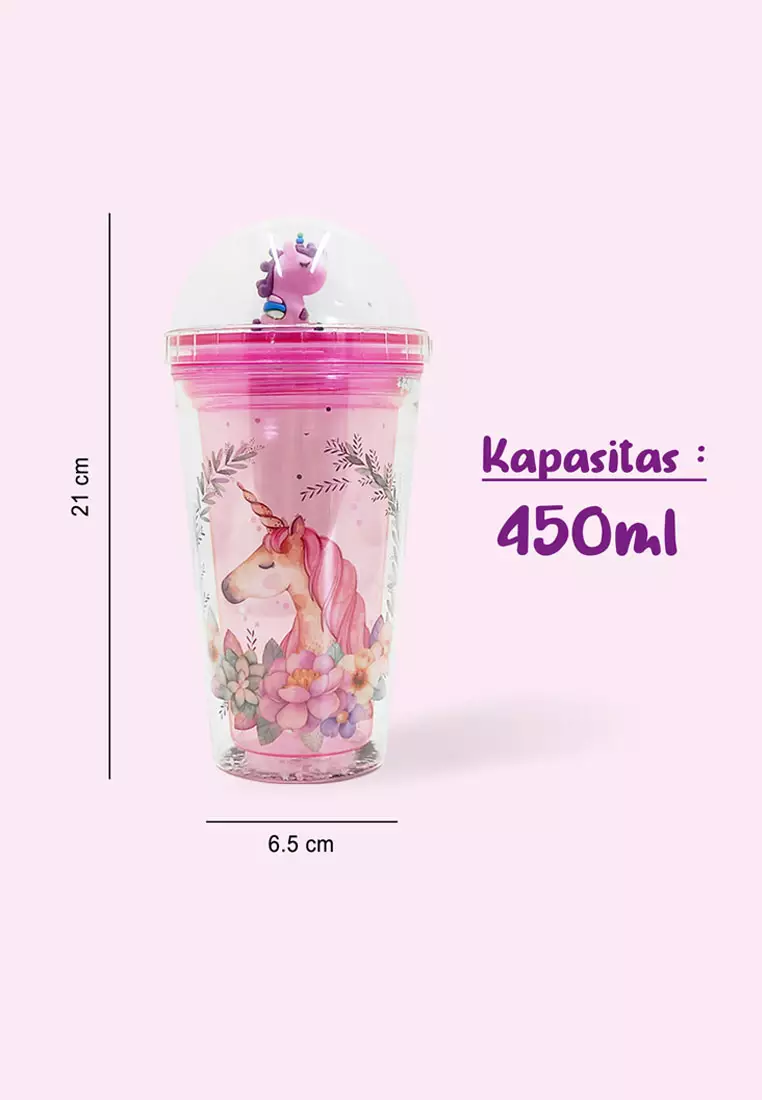 Wakakids Gelas Tumbler Cup Glitter Funny Dino Botol Minum Aesthetic Lucu Free Sedotan 450ML Merah