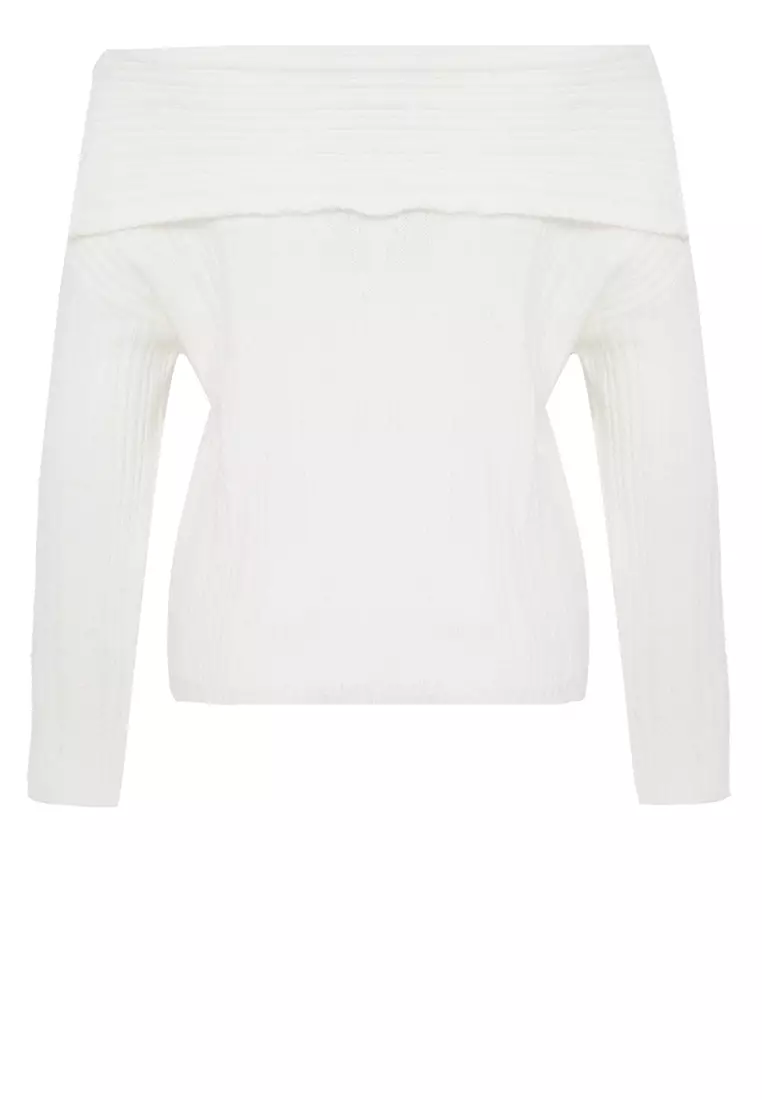 Ecru Soft Textured Carmen Collar Knitwear Sweater TWOAW25KZ00076