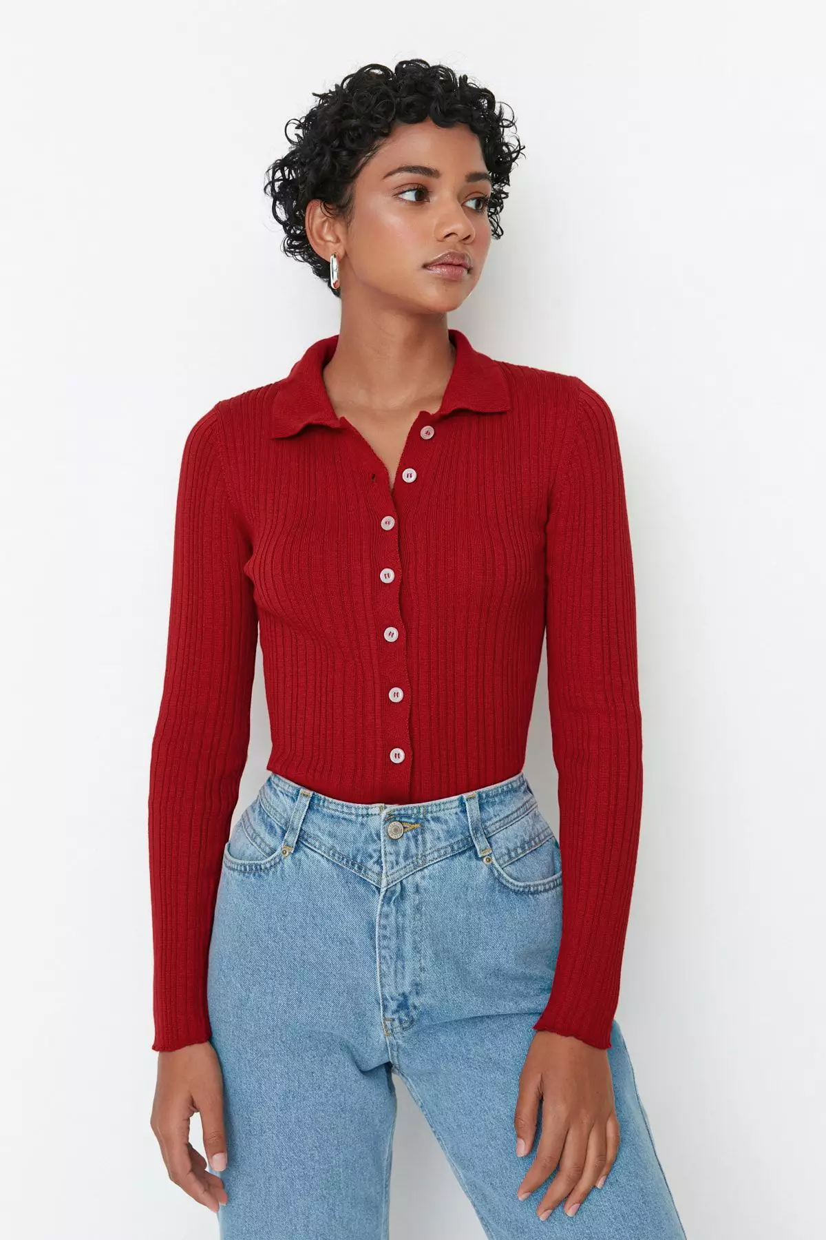 Burgundy Mercerized Look Ribbed Polo Neck Knitwear Cardigan