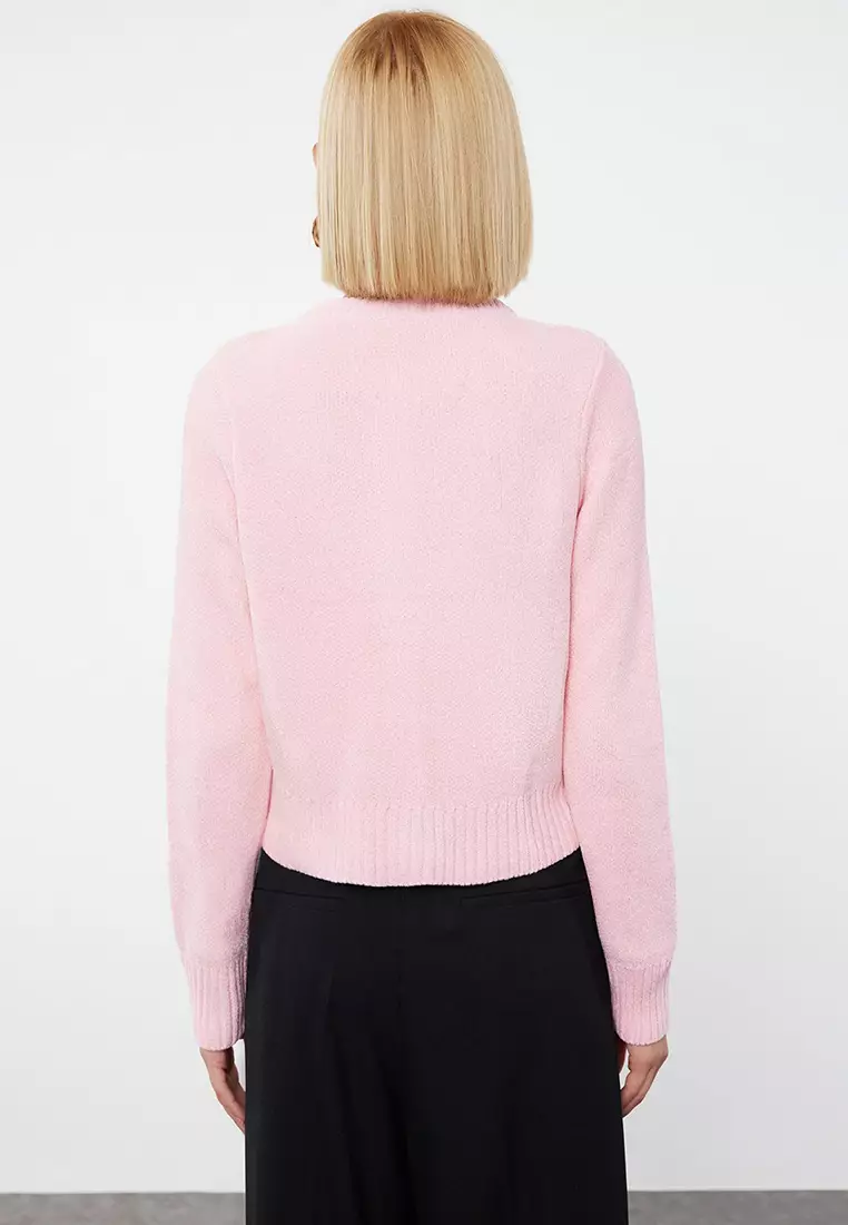 Pink Crop Premium Yarn/Special Yarn Pocket Detailed Jacket-Look Knitwear Cardigan TWOAW24HI00051