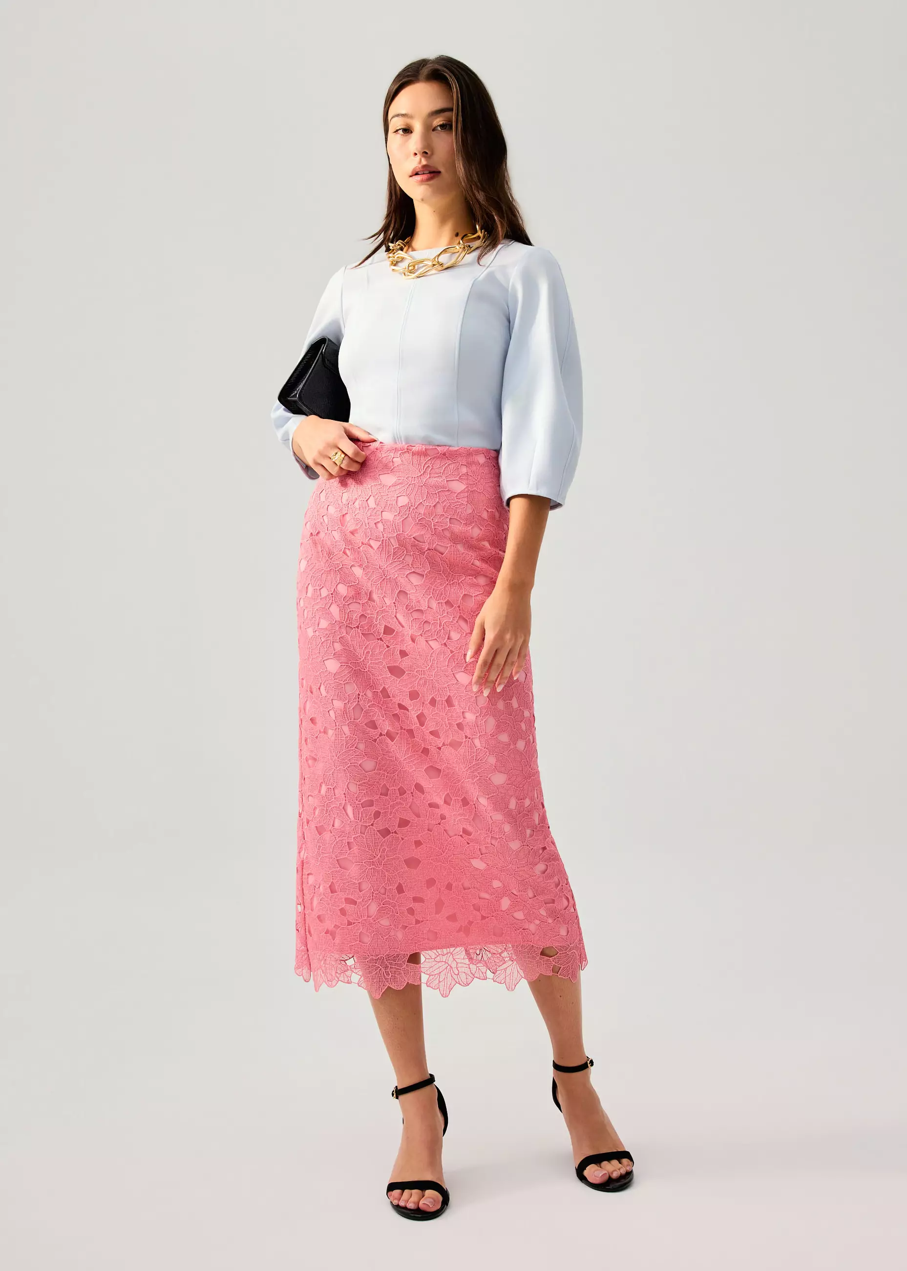 Rok Wanita - Floral Lace Column Midi Skirt