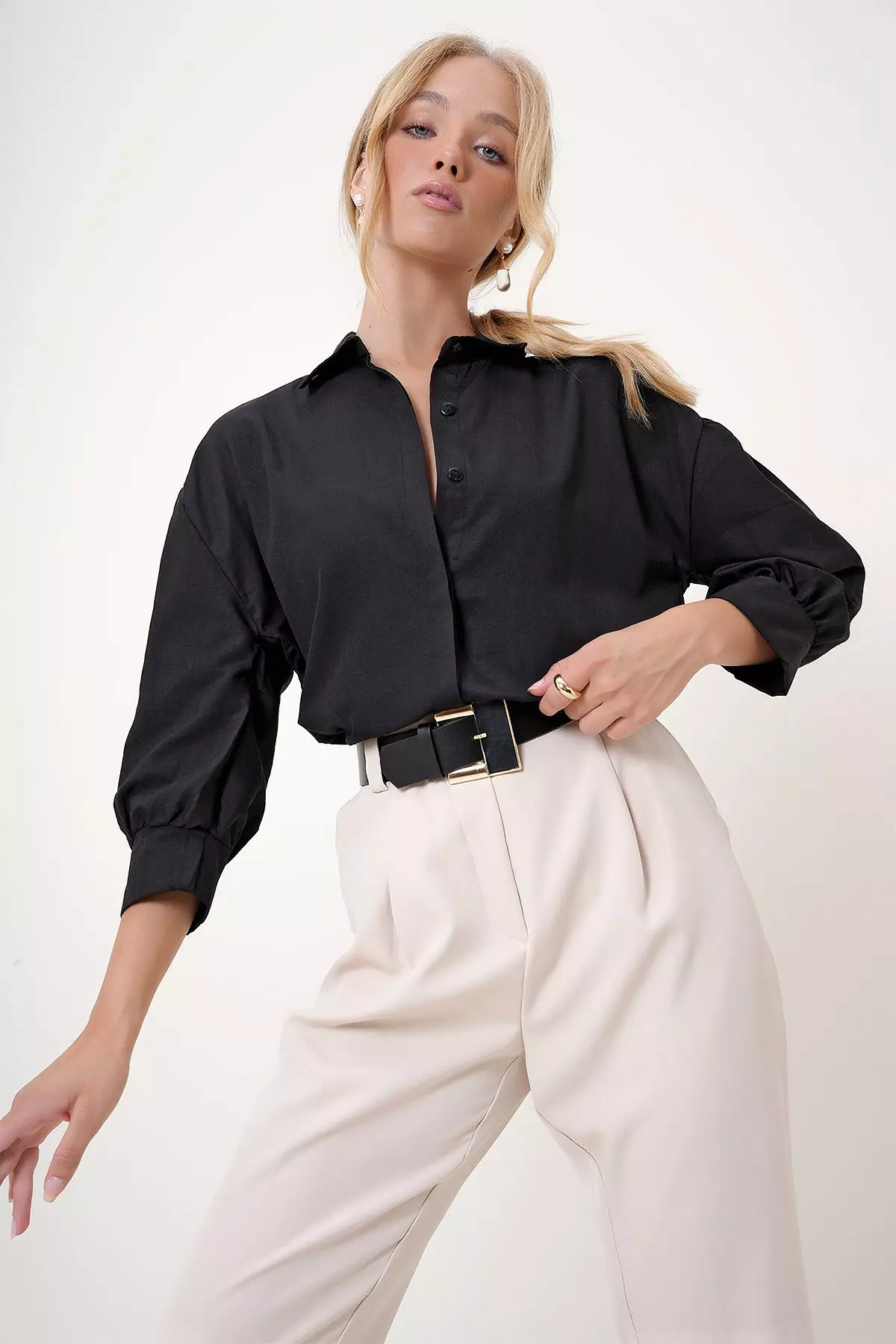 Balloon Sleeve Basic Poplin Shirt