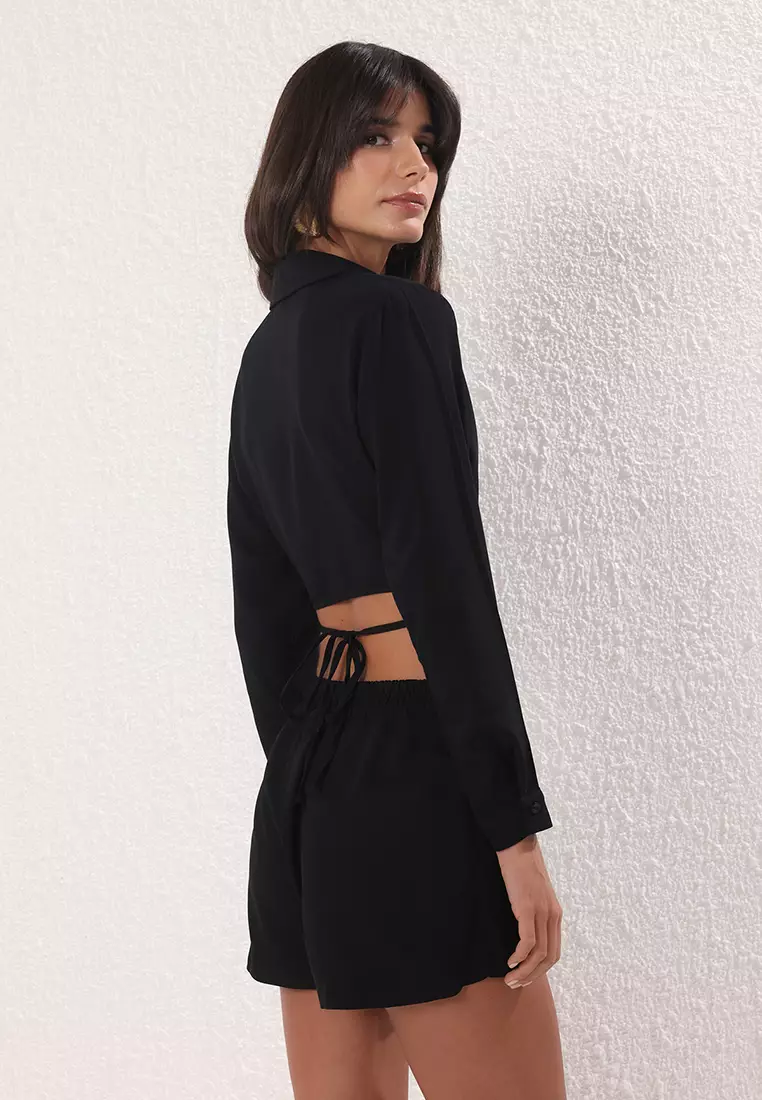 Black Woven Shirt Collar Lacing Detailed Beach Shorts Suit Tbess25Au00084