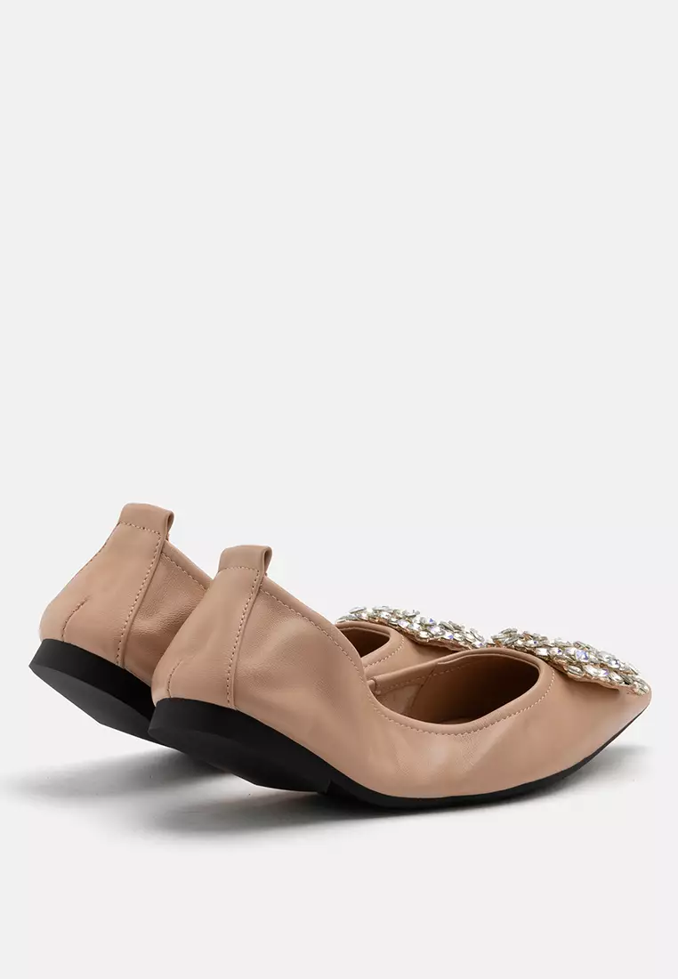 Odessa Embellished Buckle Foldable Flats Almond
