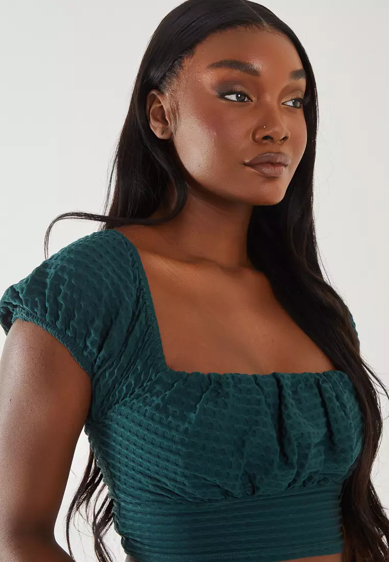 Pink Vanilla Teal Textured Jersey Puff Sleeve Top