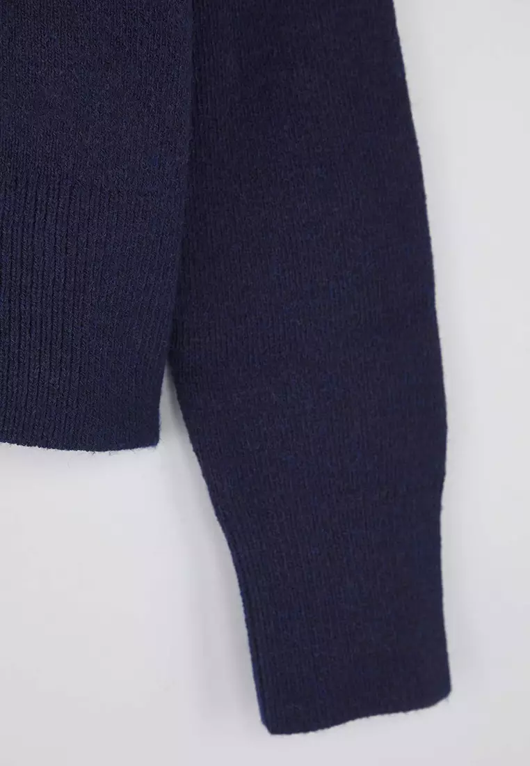 Navy Blue Turn Down Collar Soft Texture Wide Fit Zippered Knitwear Cardigan