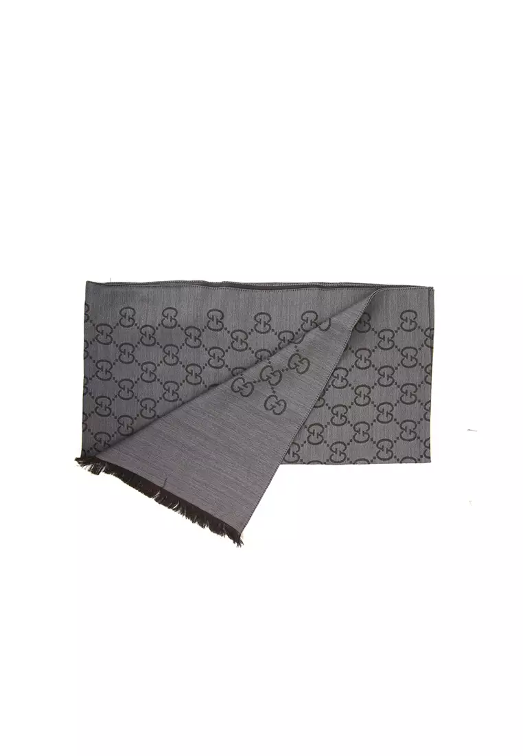 GG Logo Wool Silk Scarf in Dark Grey 165904 3G646