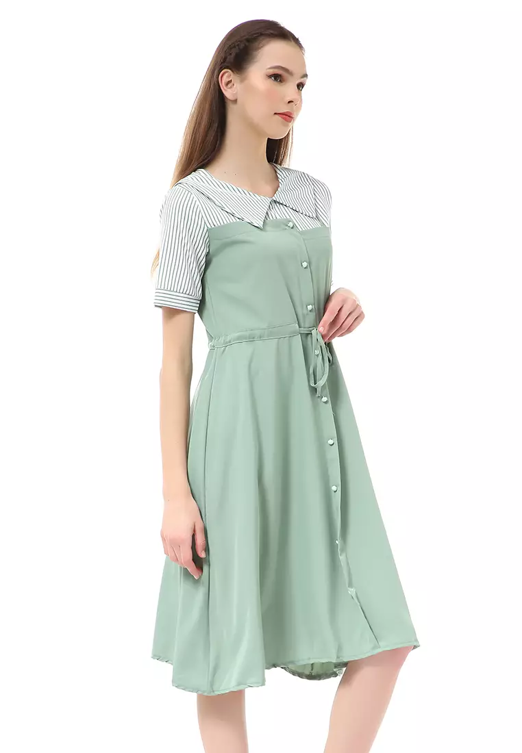 Rachel Midi Dress Wanita Lengan Pendek Vintage Design Tali Pinggang Material Cotton ORIGINAL - Green