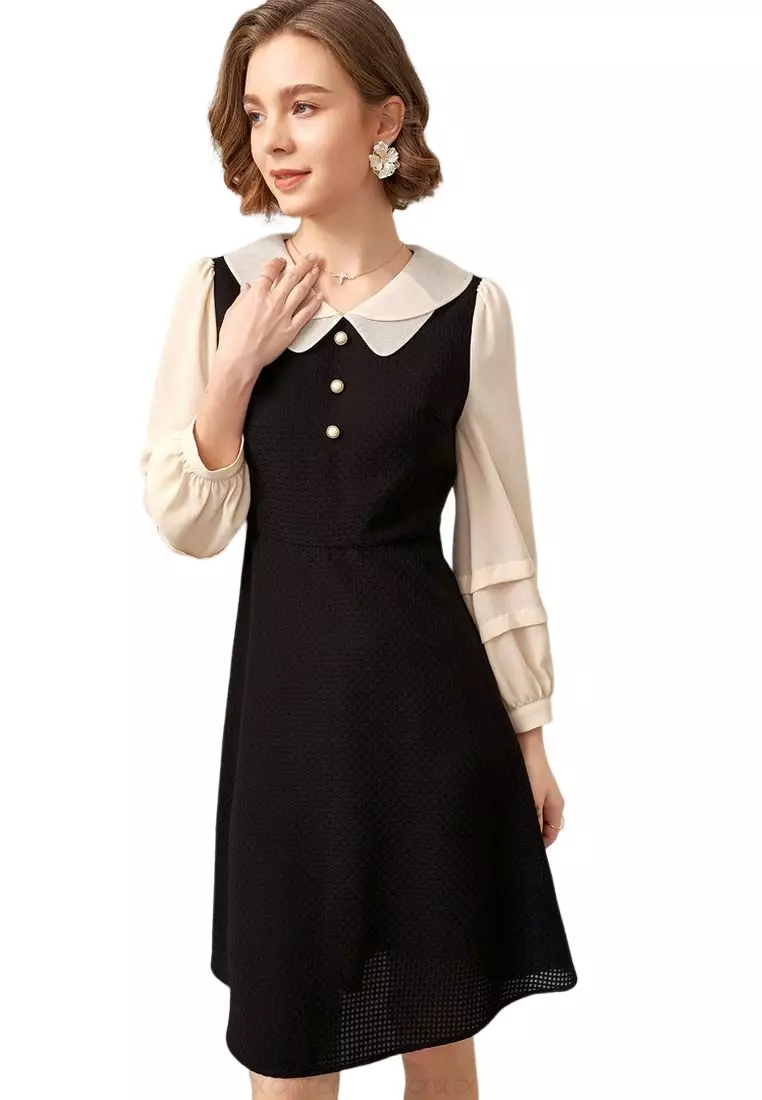 ONX.HK Elegant Chiffon Long Sleeve Panel Jacquard Dress 2024 Buy