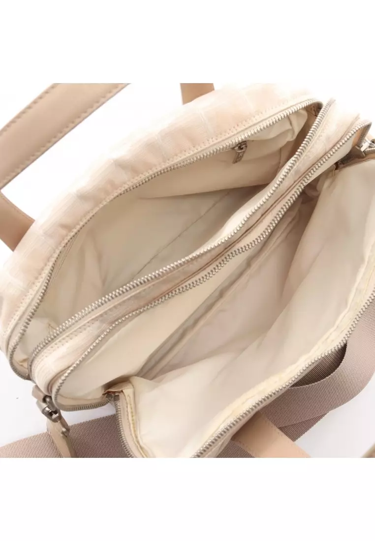 Pre-Loved Chanel Handbag nylon canvas leather beige silver hardware 2WAY
