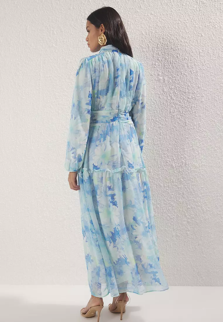Blue Floral Pattern Lined Chiffon Woven Dress Tctss25Eb00063