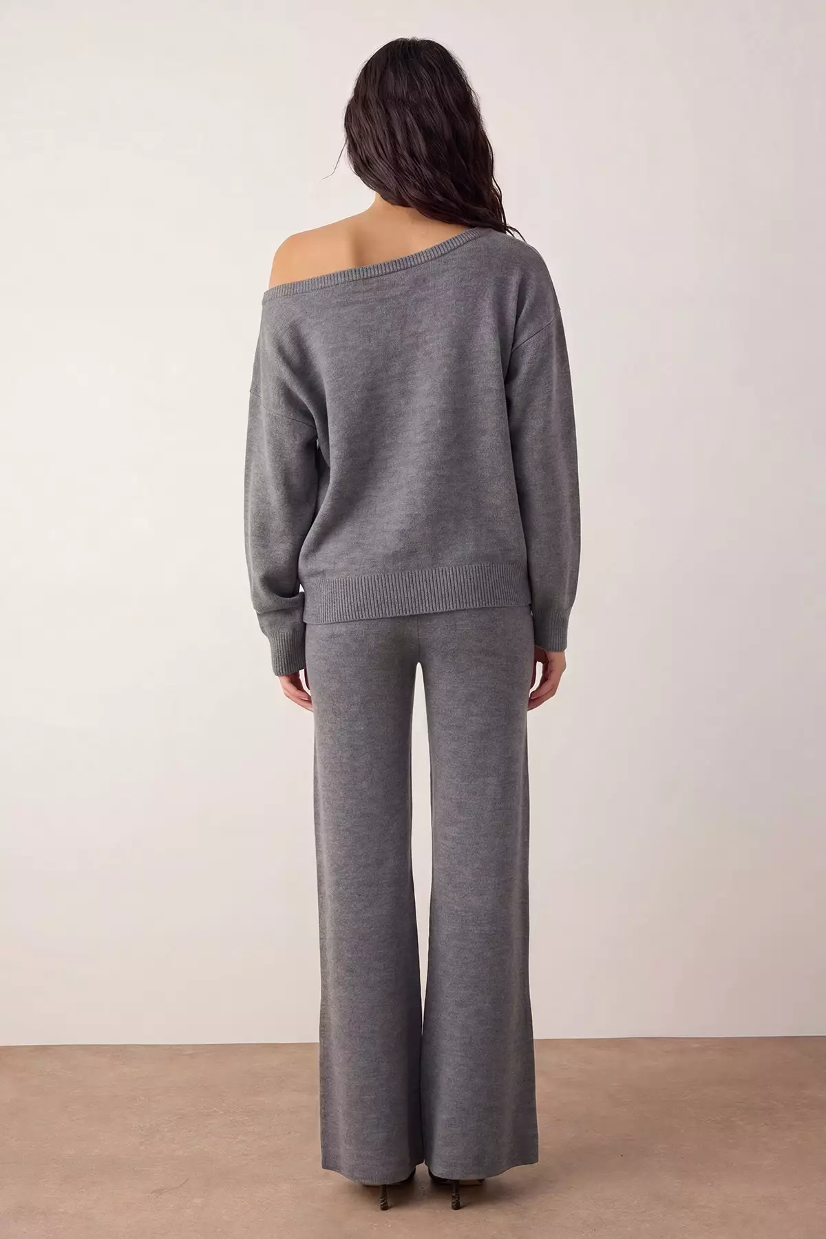 Anthracite Boat Neck Sweater-Pants Knitwear Set - Top And Bottom Twoaw26Au00043