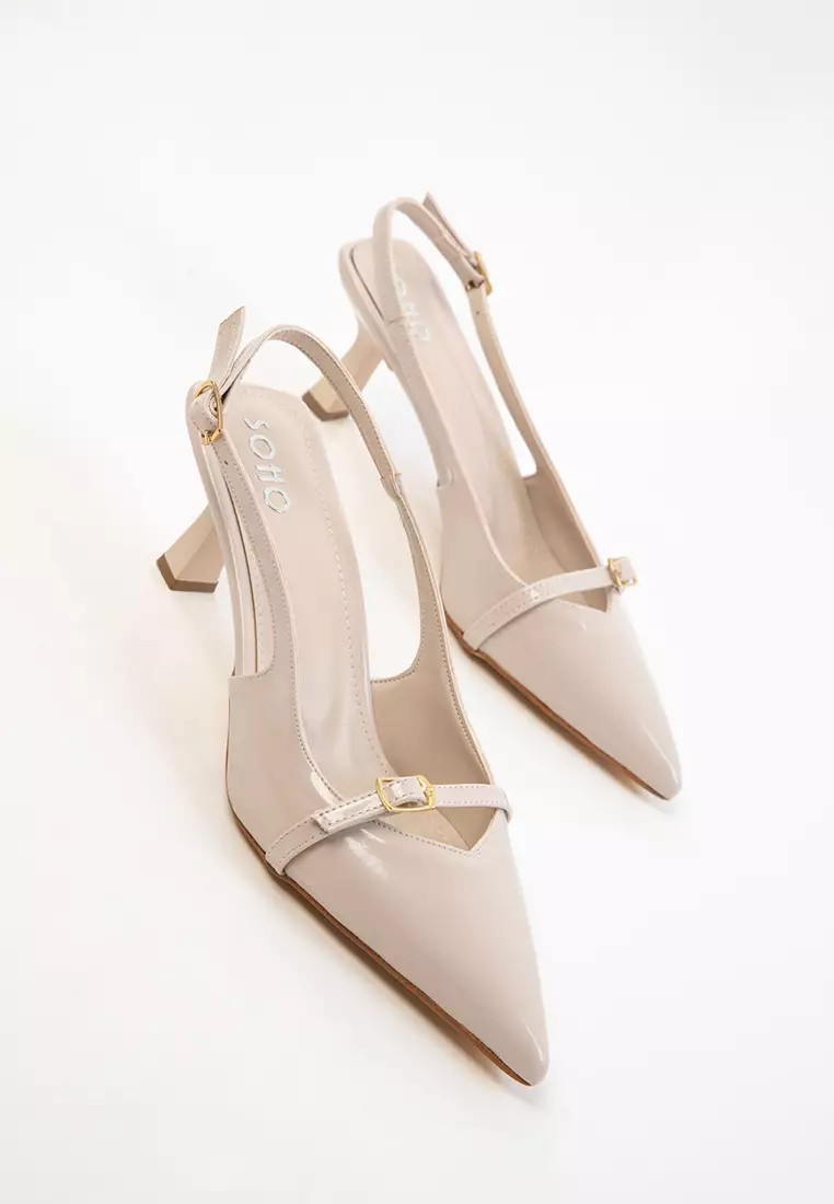Beige Patent Leather Women's Classic Heeled Shoes 20598