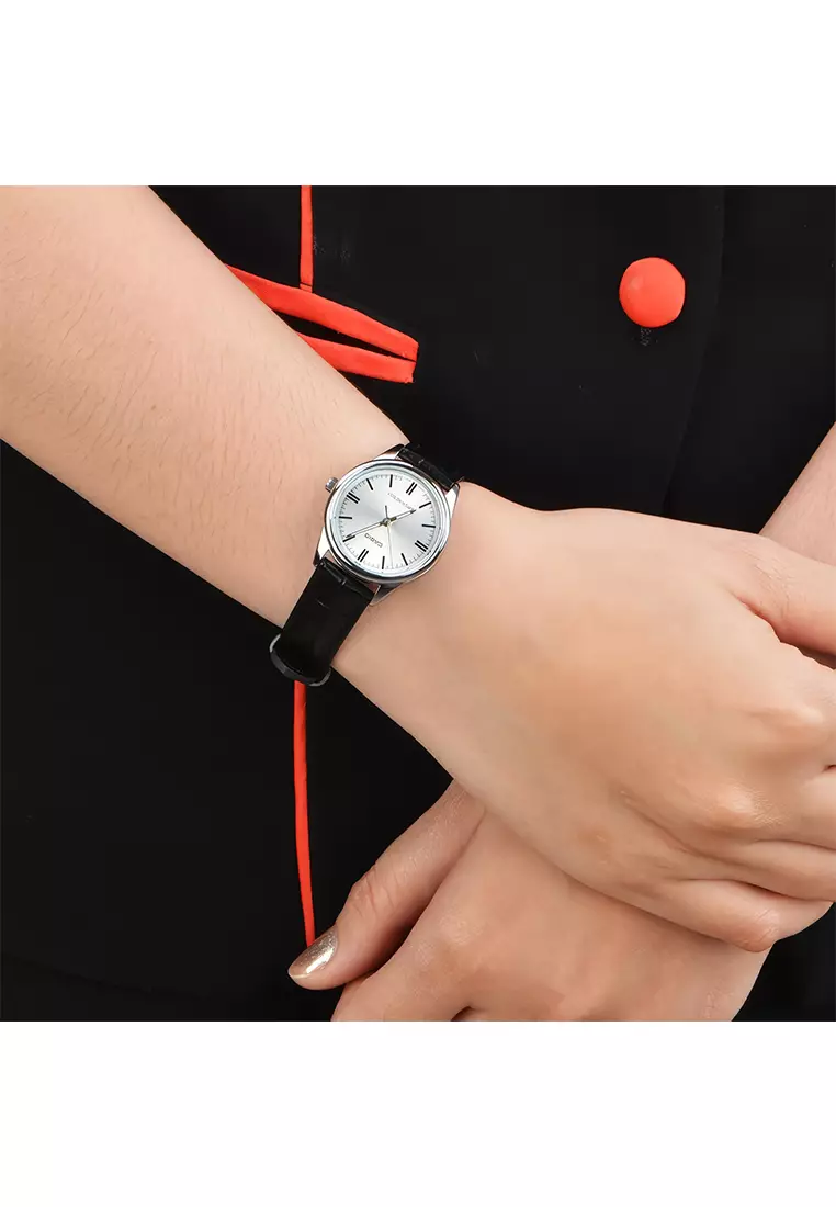 Casio - Jam Tangan Analog Wanita - Silver - Black Leather Strap - LTP-V005L-7A