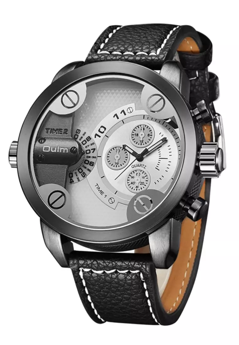 超大男士石英錶 - 50x50mm - IP 黑鋼錶殼、黑色和銀色錶盤、黑色錶帶